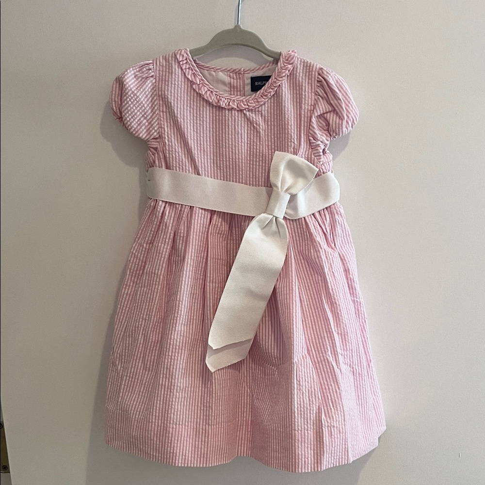 Ralph Lauren 24M Pink and White Striped Bow Double Lined Derby Dress